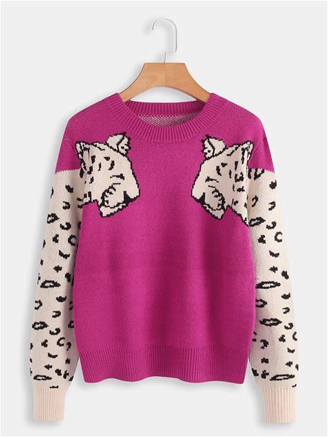 Angashion Women's Long Sleeve Leopard Print Knitted Sweater